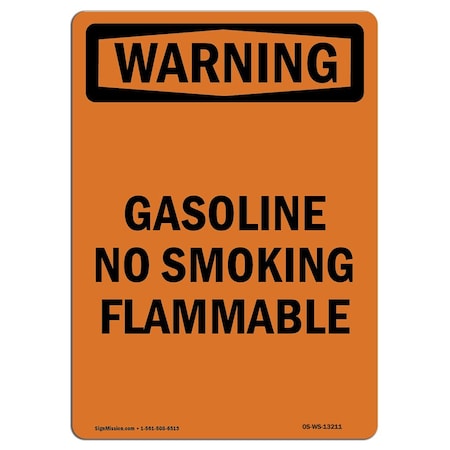 OSHA WARNING Sign, Gasoline No Smoking Flammable, 18in X 12in Rigid Plastic